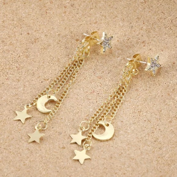 Gold & Crystal Star & Moon Tassel Chain Earrings - Picture 7 of 7